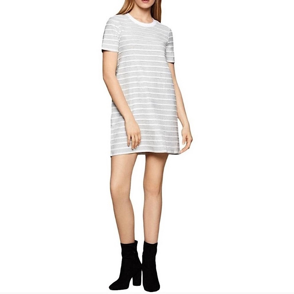 BCBG dress casual stripe Ruffle mini short sleeve comfy white size medium